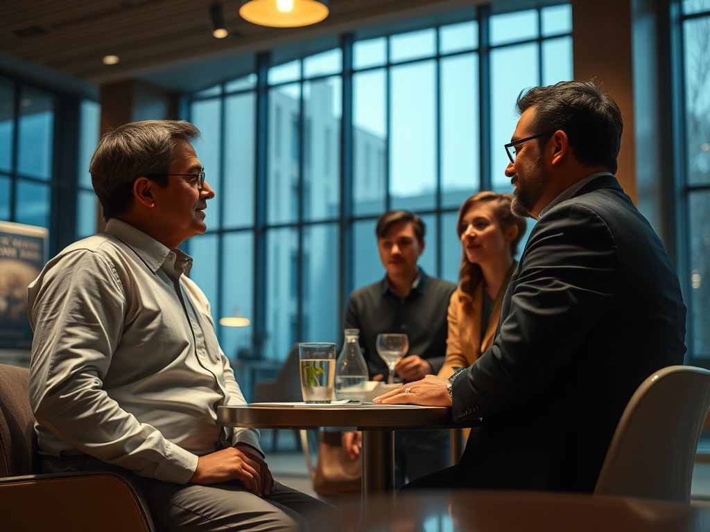 Группа людей беседует за столом в кафе с большими окнами, освещенными мягким светом.