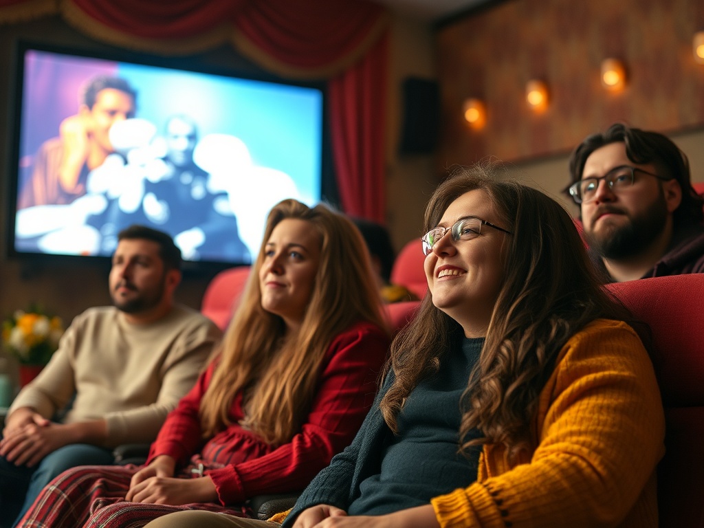 Четыре зрителя смотрят фильм в уютном зале кинотеатра, на экране сцена из фильма.