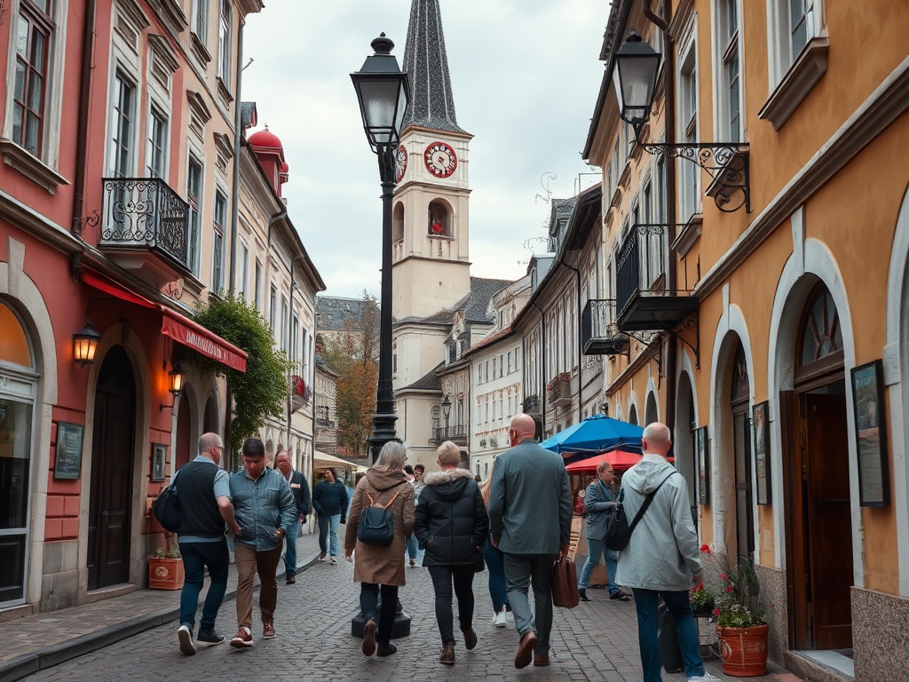 Улица с пешеходами, старинные здания и часовня на фоне, серое небо. Атмосфера спокойного городского дня.