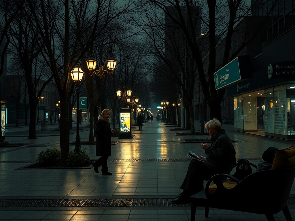 Променад в вечернее время, освещенная прогулочная улица с фонарями и отдыхающими людьми.