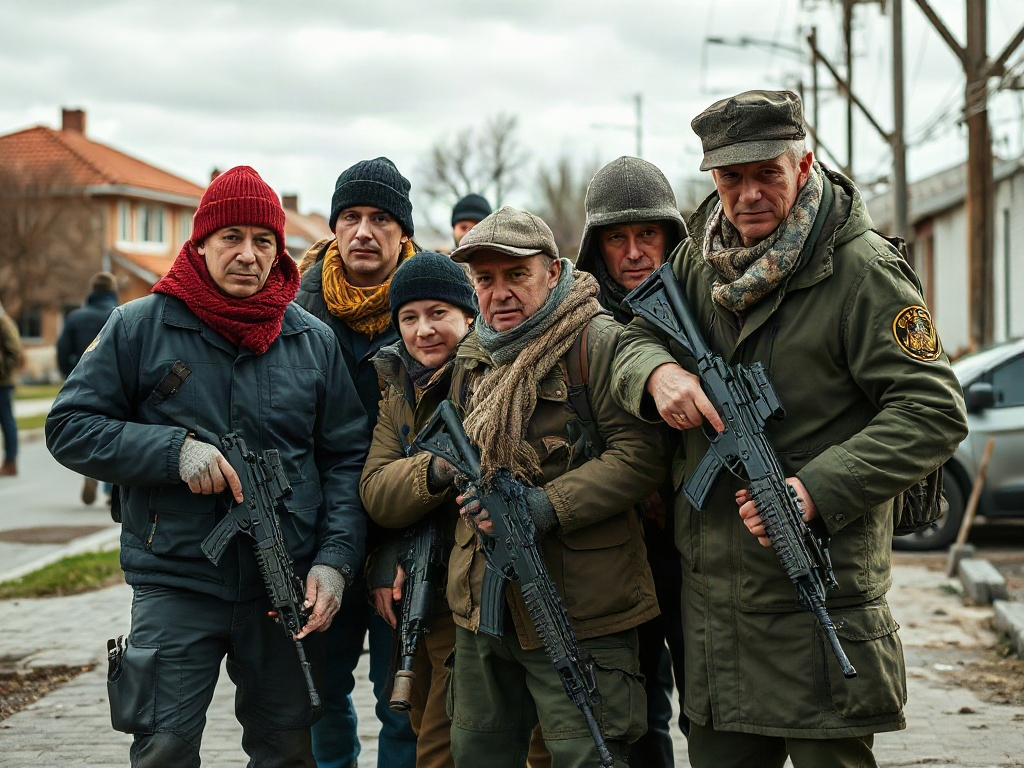 Шесть мужчин в военной одежде с оружием позируют на улице, на фоне зданий и пасмурного неба.